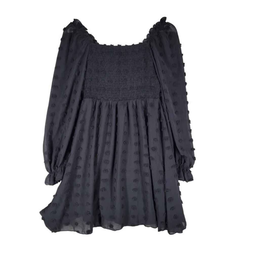 EXLURA‎ Black Swiss Dot Smocked Square Neck Long Sleeve Mini Dress XS Whimsigoth